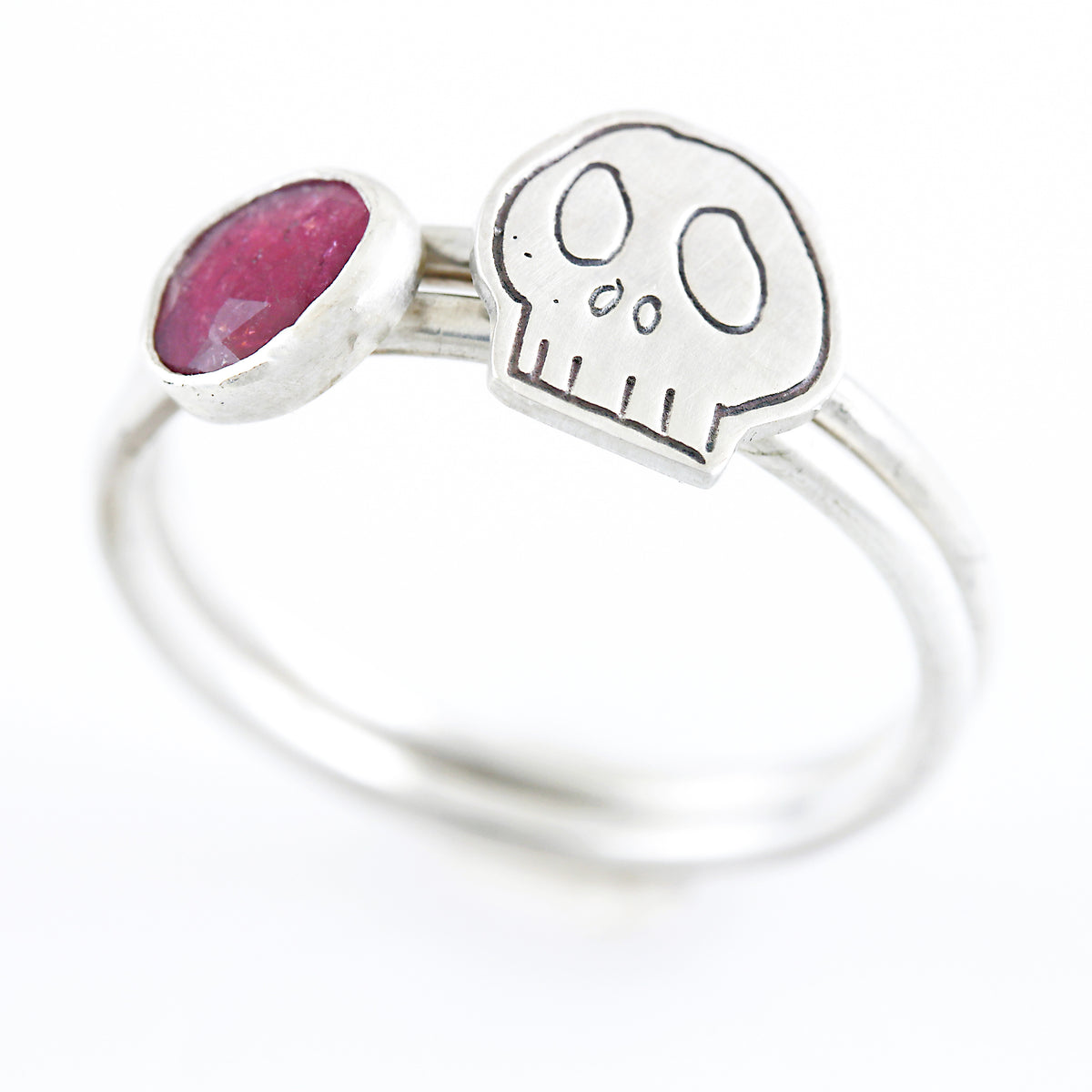 Pink Tourmaline Skull Stackable Ring: Size 10.5 by Creative Dexterity. Front View