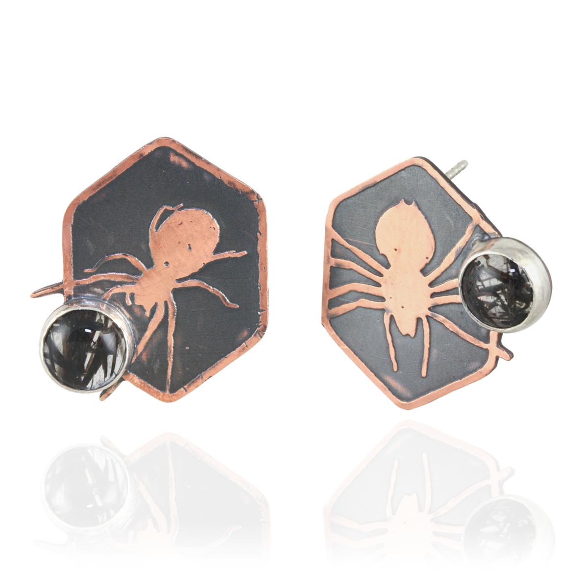Spider Black Rutile Crystal Orb Hexagon Studs - Front/Side View