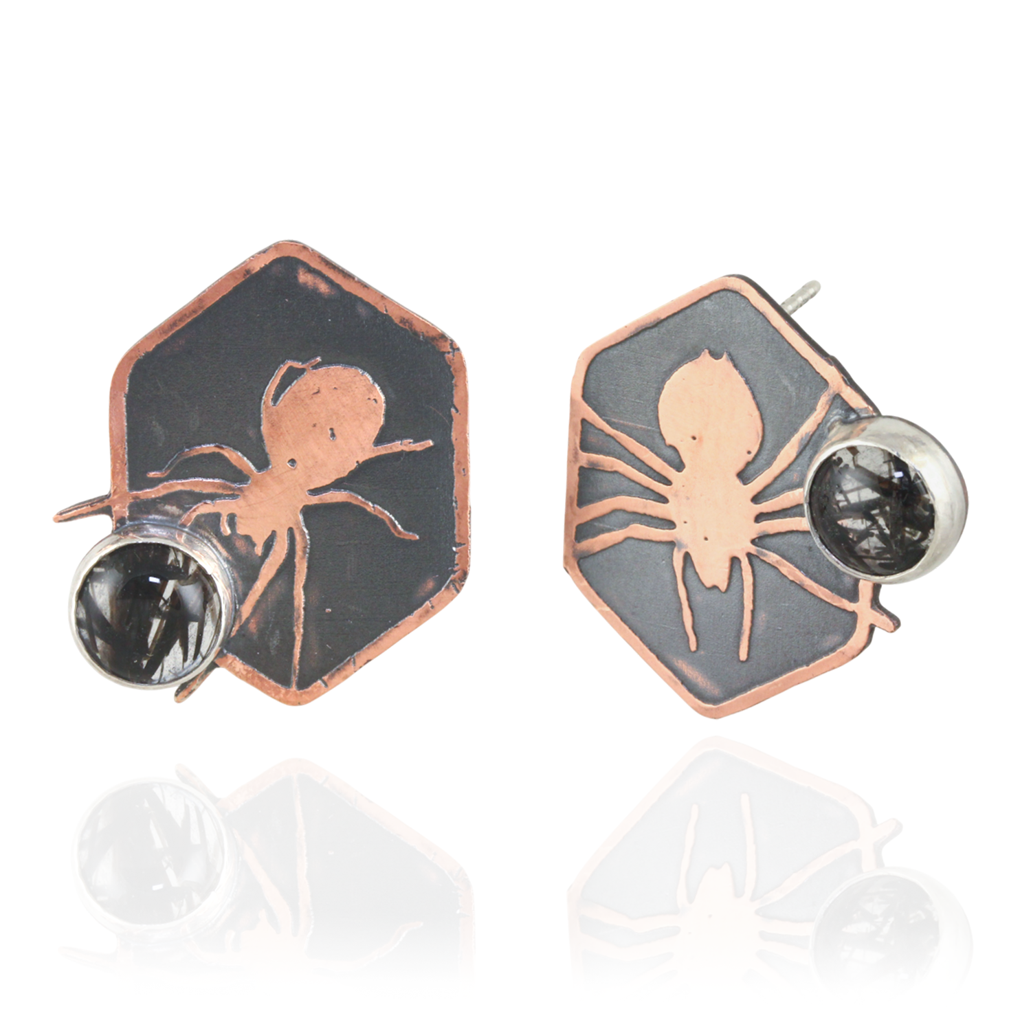 Spider Black Rutile Crystal Orb Hexagon Studs - Front/Side View