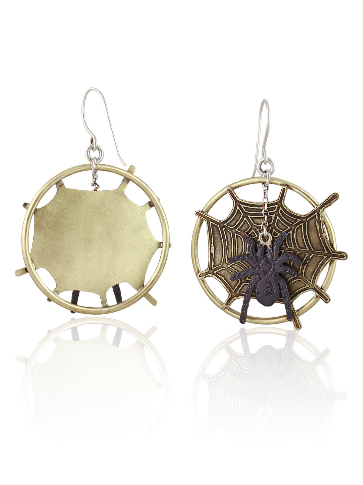 Back and front of spider web designed statement dangle earrings with moveable spider element.