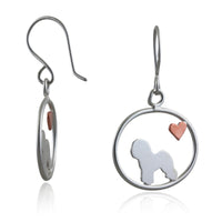 Bichon Frise dangle earrings with sterling silver silhouette and small copper heart in oval frame on white background