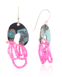 Colorful arch shaped dangle earrings with hot pink beads on a white background.