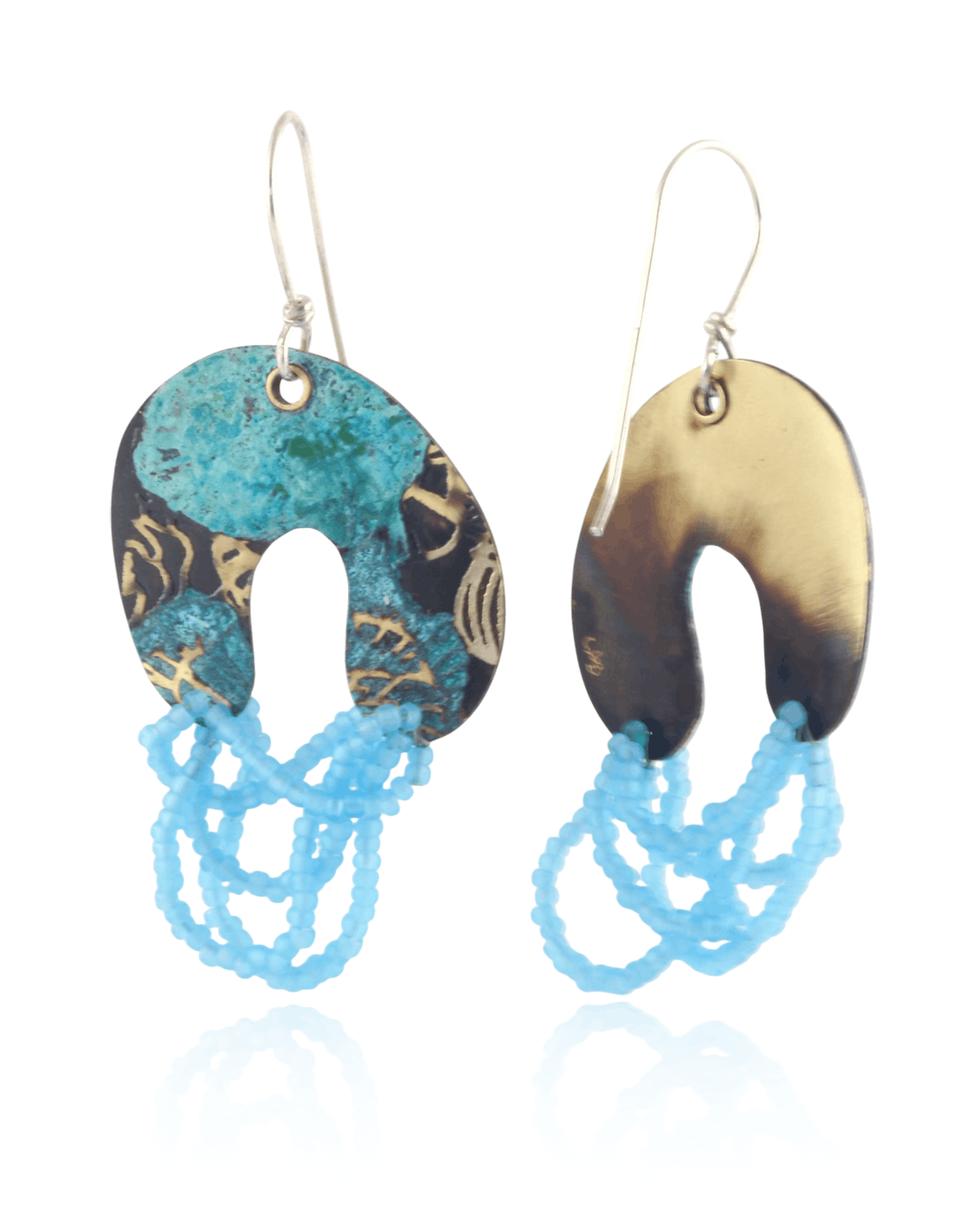 Colorful arch shaped dangle earrings with matte light blue beads on a white background.