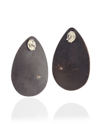 Teardrop-shaped earrings with dark brown finish on a white background