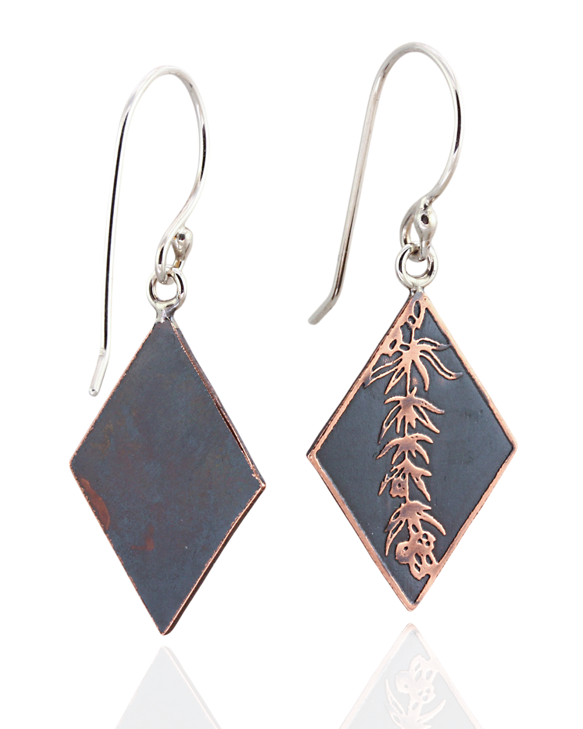 Pair of diamond-shaped earrings with floral vine design on the front on a white background. - Back and Front View