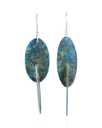Pair of earrings with blue and gold confetti design on a white background.