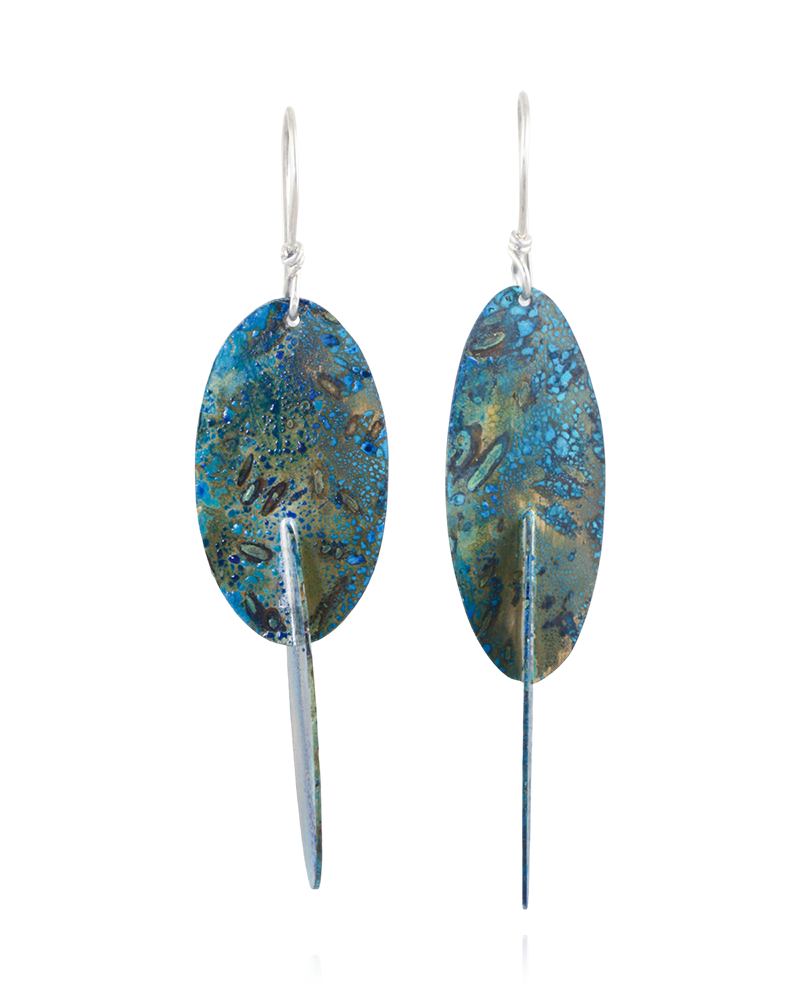 Pair of earrings with blue and gold confetti design on a white background.