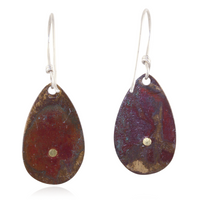 Teardrop-shaped earrings with colorful red and gold marbled design on a white background- Back of earrings