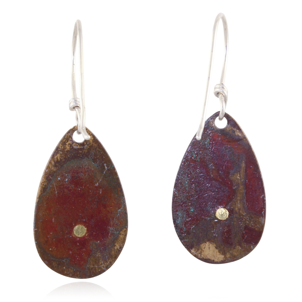 Teardrop-shaped earrings with colorful red and gold marbled design on a white background- Back of earrings