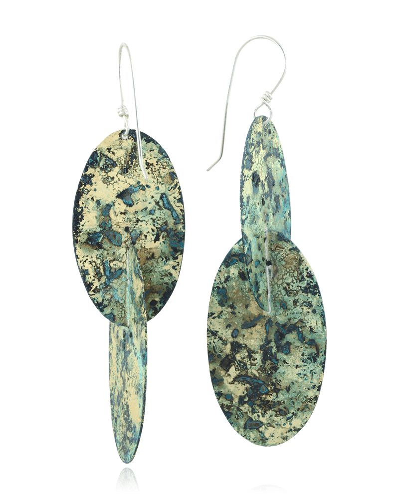 Pair of earrings with green and blue patterned stones on a white background