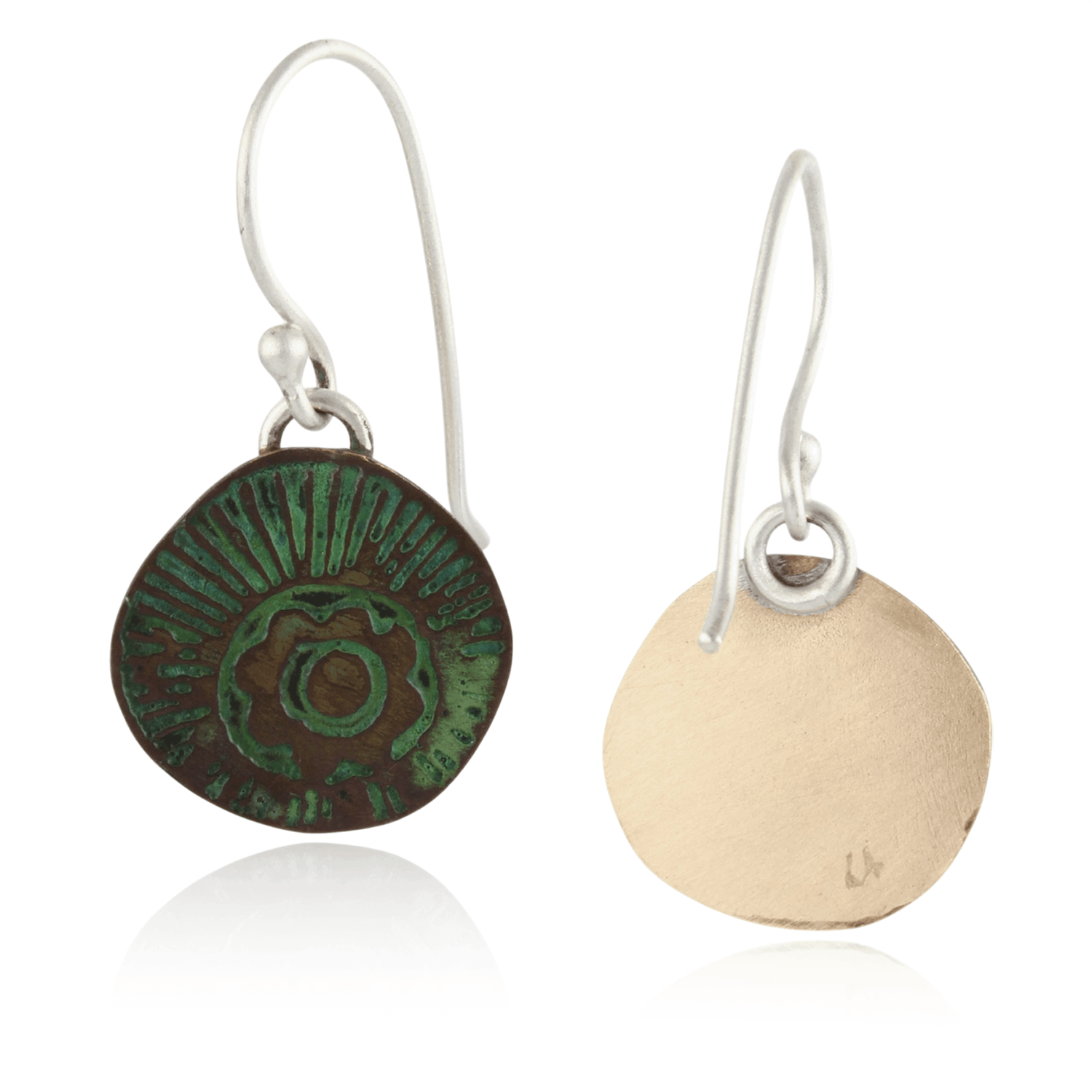 Two earrings with green and gold circular designs on a white background