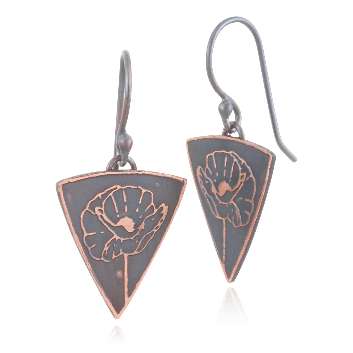 Triangular earrings with poppy floral design on a white background