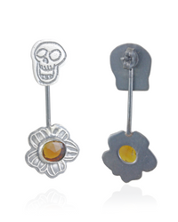 Skull Stud Earrings with Kinetic Tourmaline Wildfower - Hanging Front and Back View