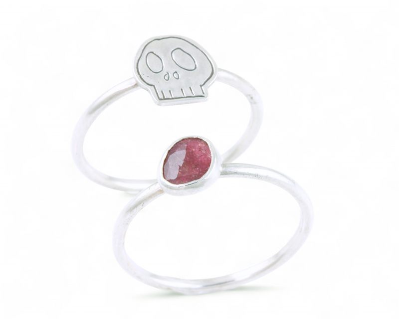 Pink Tourmaline Skull Stackable Ring: Size 10.5 by Creative Dexterity. Front View of both rings separated.