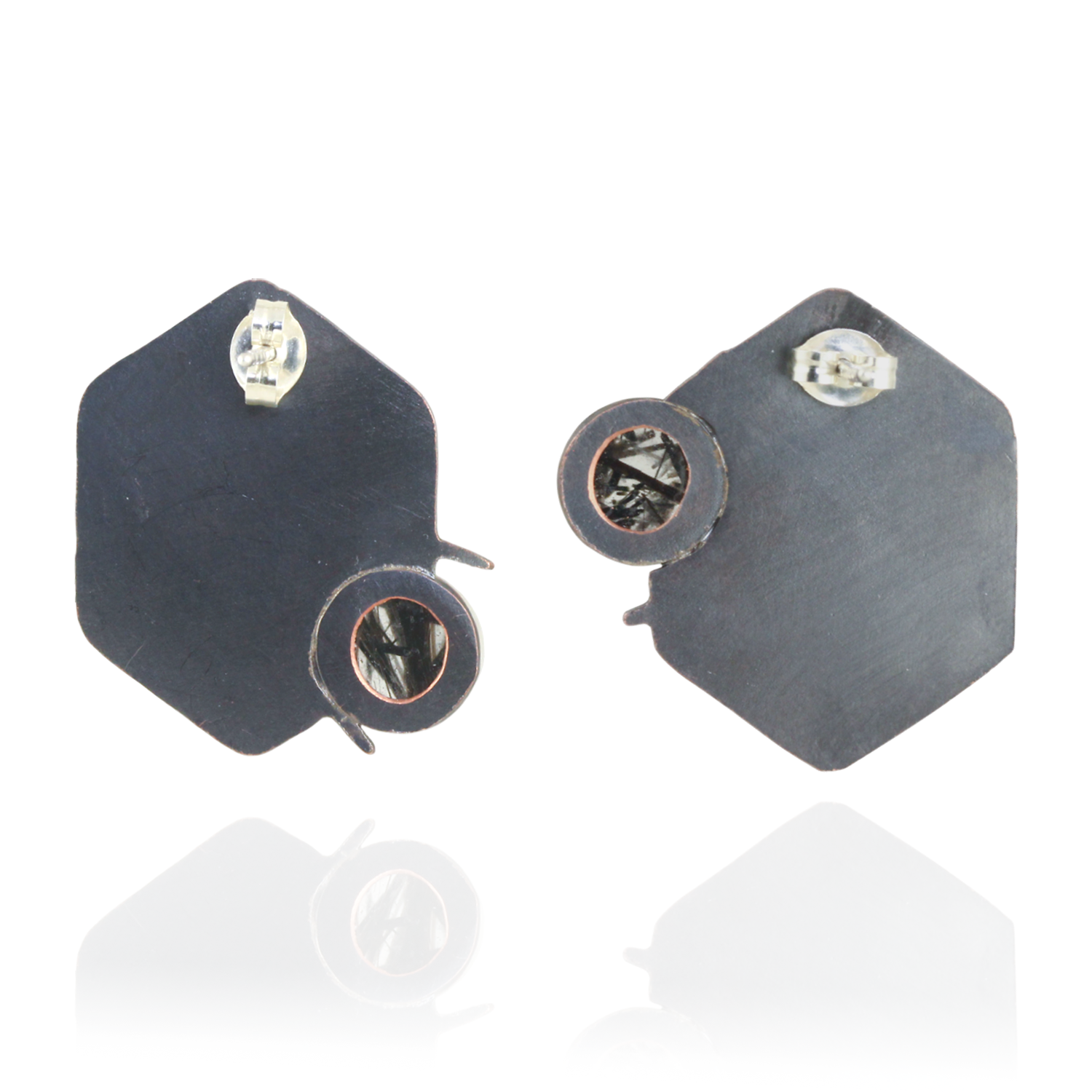 Spider Black Rutile Crystal Orb Hexagon Studs - Back View