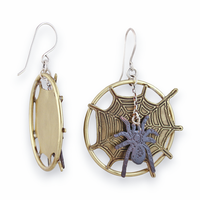 Backside and front of spider web designed statement dangle earrings with moveable spider element.