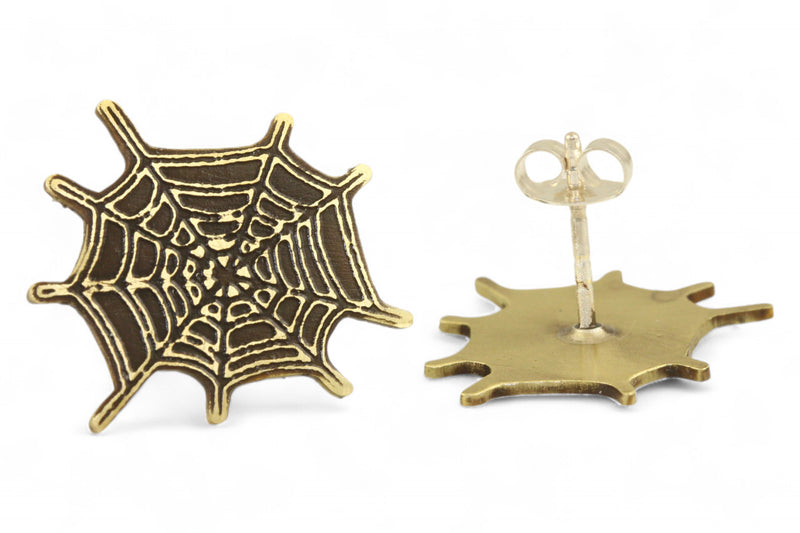 Front angle and back view of brass spider web earring studs.