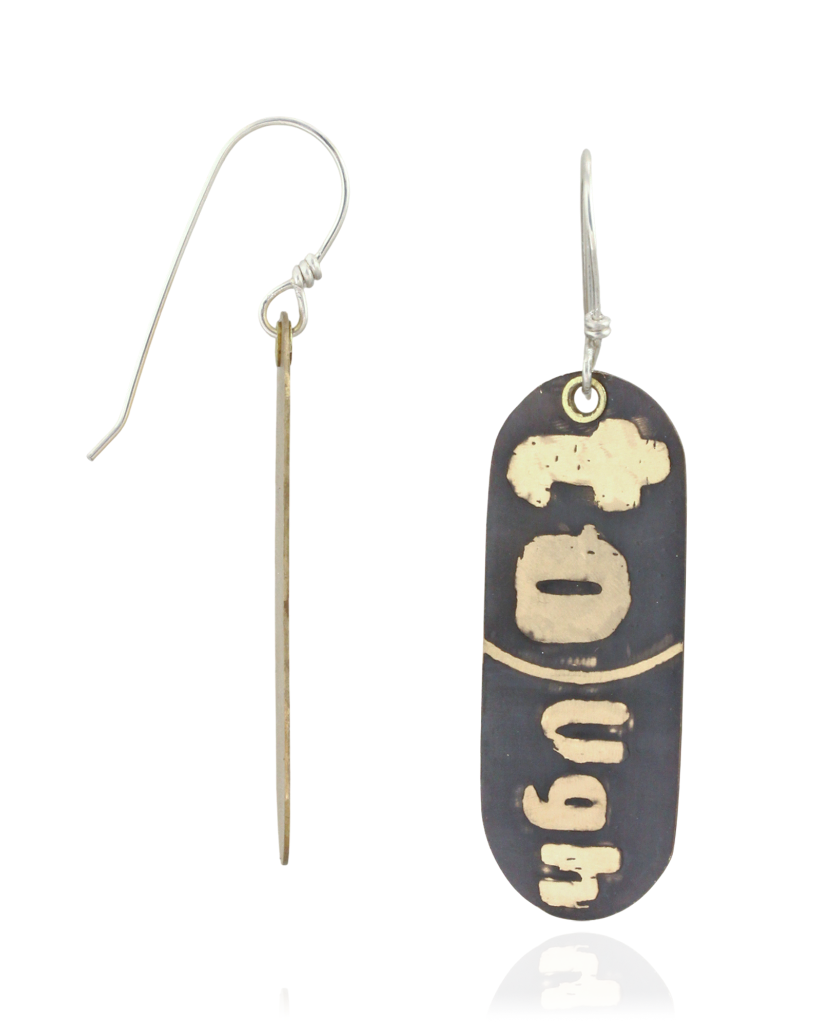 Pair of handmade brass earrings with 'Tough' text on a beige and black background. Front and Side View