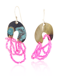 Colorful arch shaped dangle earrings with hot pink beads on a white background.