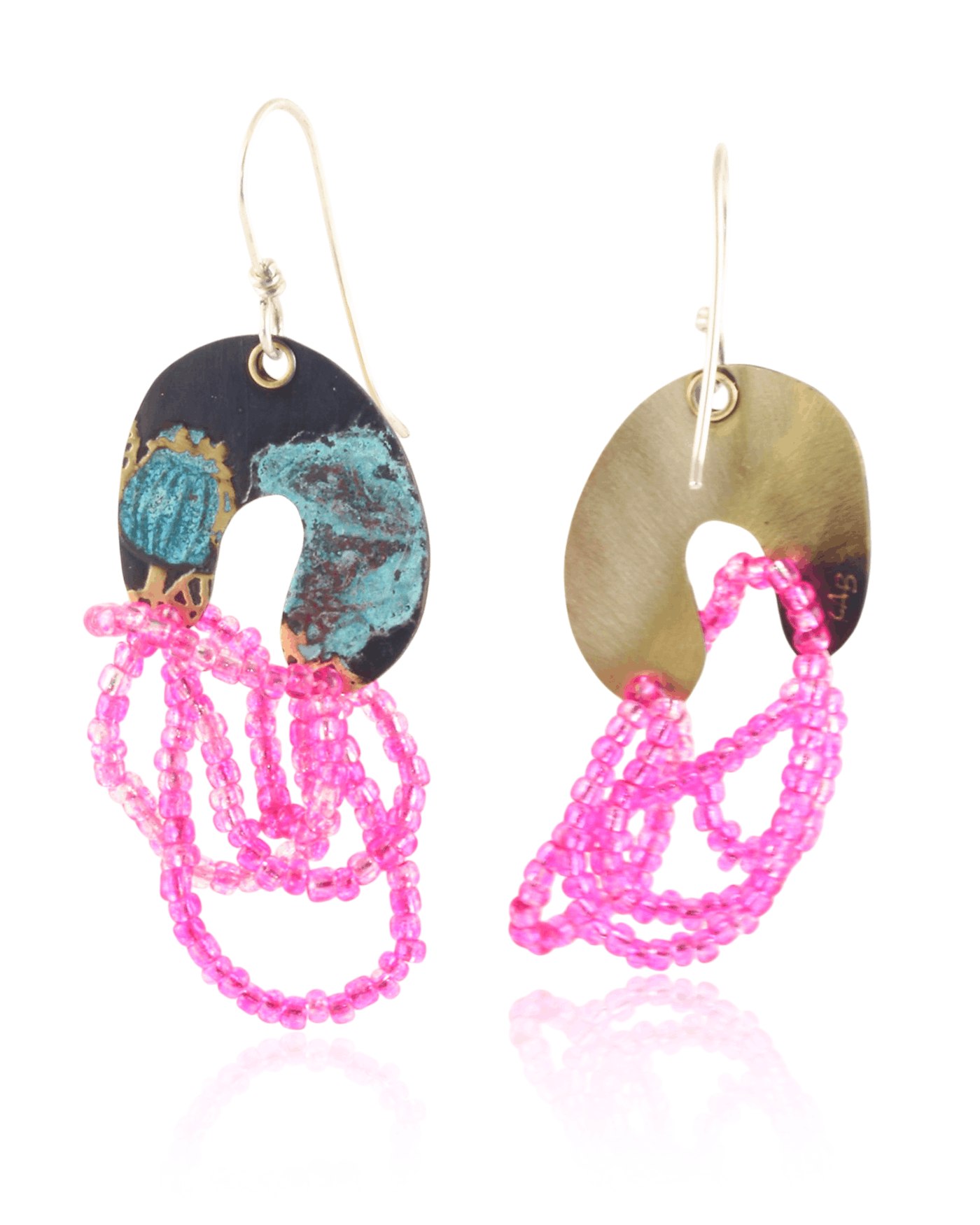 Colorful arch shaped dangle earrings with hot pink beads on a white background.