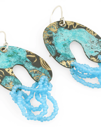 Colorful arch shaped dangle earrings with matte light blue beads on a white background.
