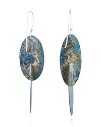 Pair of earrings with blue and gold confetti design on a white background.