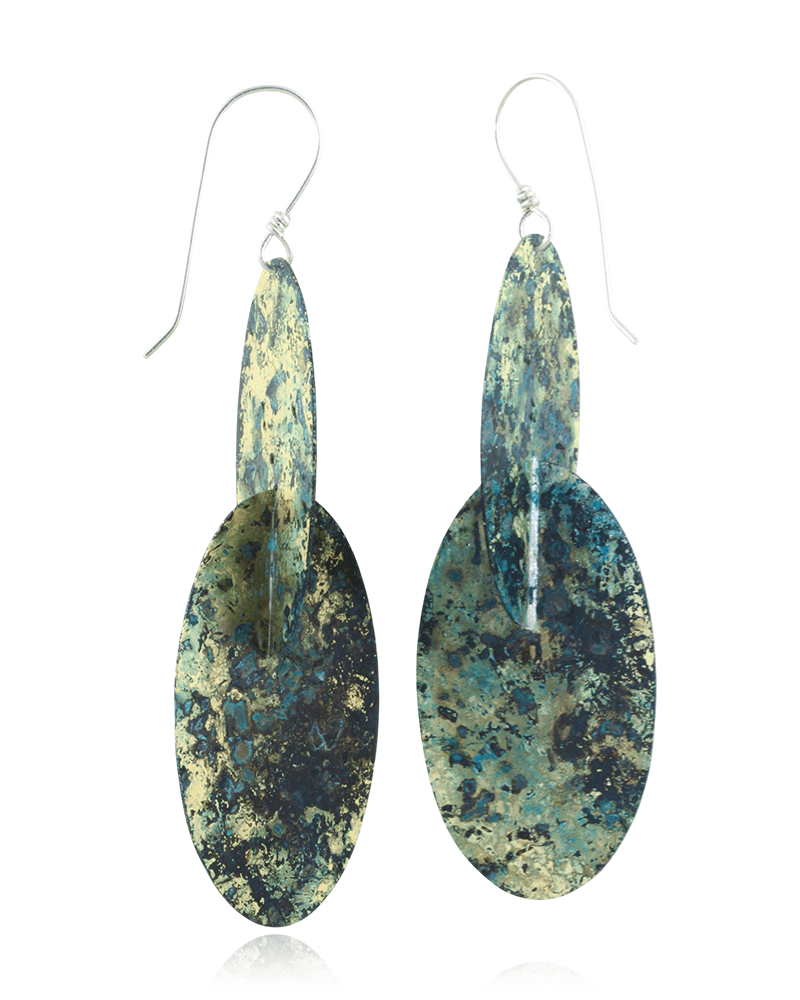 Pair of earrings with green and blue marbled design on a white background