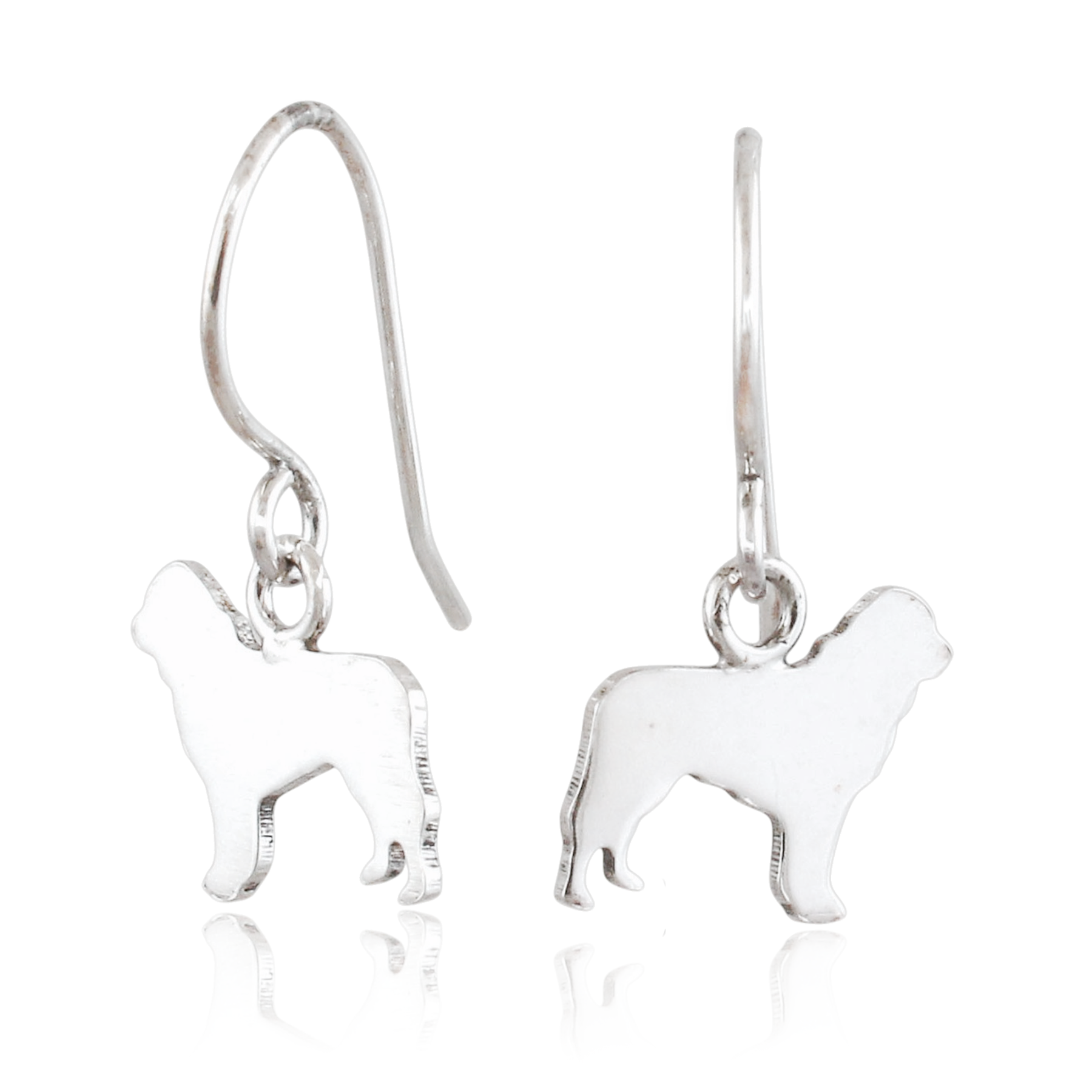 A pair of silver drop earrings featuring dog-shaped charms, displayed on a clean white background with a subtle reflection below.