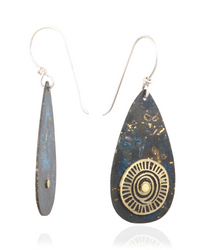 Colorful teardrop-shaped earrings with gold spiral design on a white background.