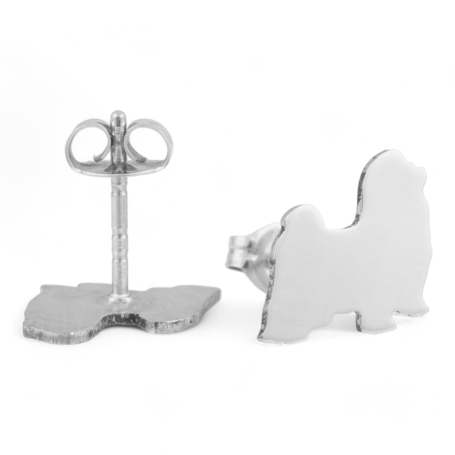 Silver Shih Tzu Long Haired dog-shaped earrings on a white background