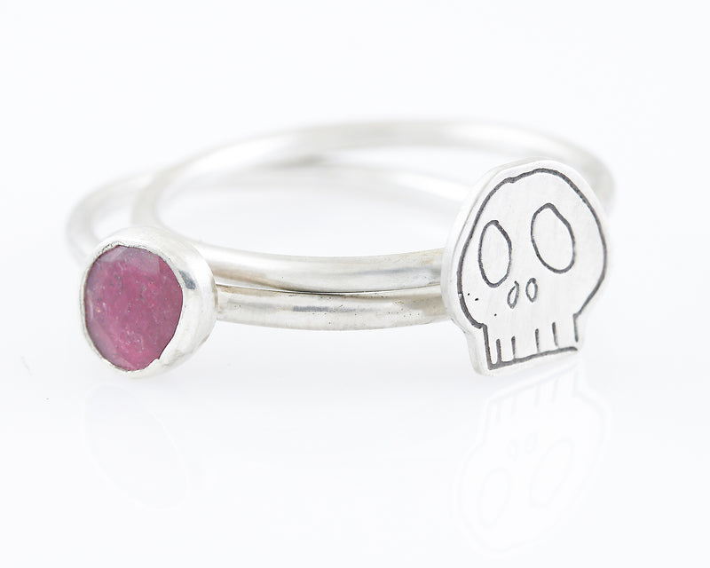 Pink Tourmaline Skull Stackable Ring: Size 10.5 by Creative Dexterity. Front View laying flat