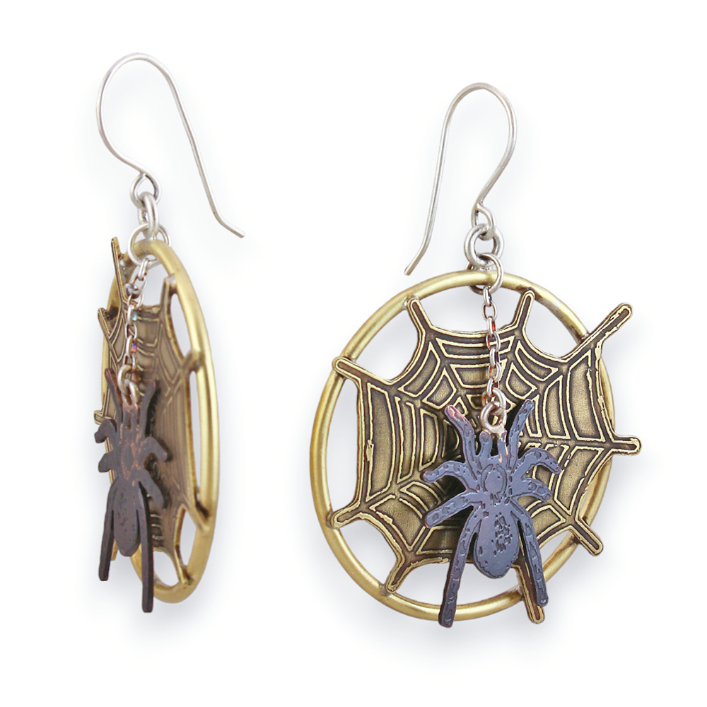 Side and front of spider web designed statement dangle earrings with moveable spider element.