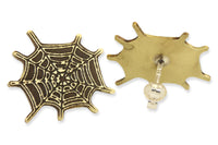 Front and back view of brass spider web earring studs.