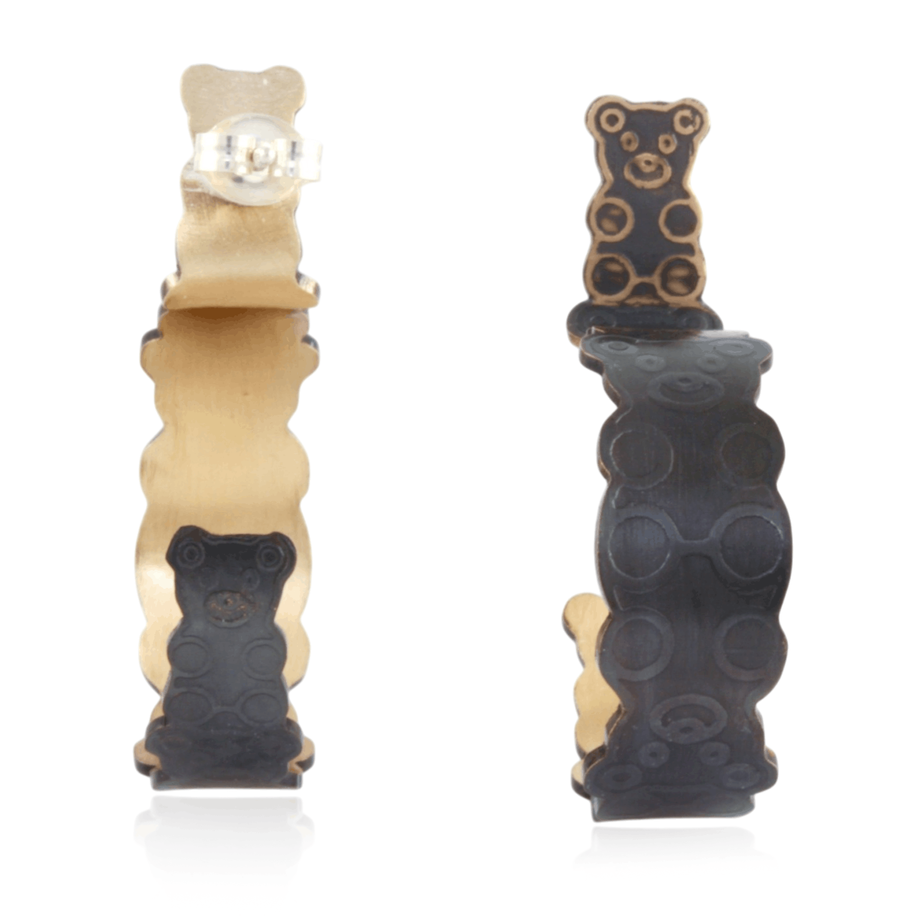 Black and gold hoop earrings with a interlocked teddy bear pattern on a white background.