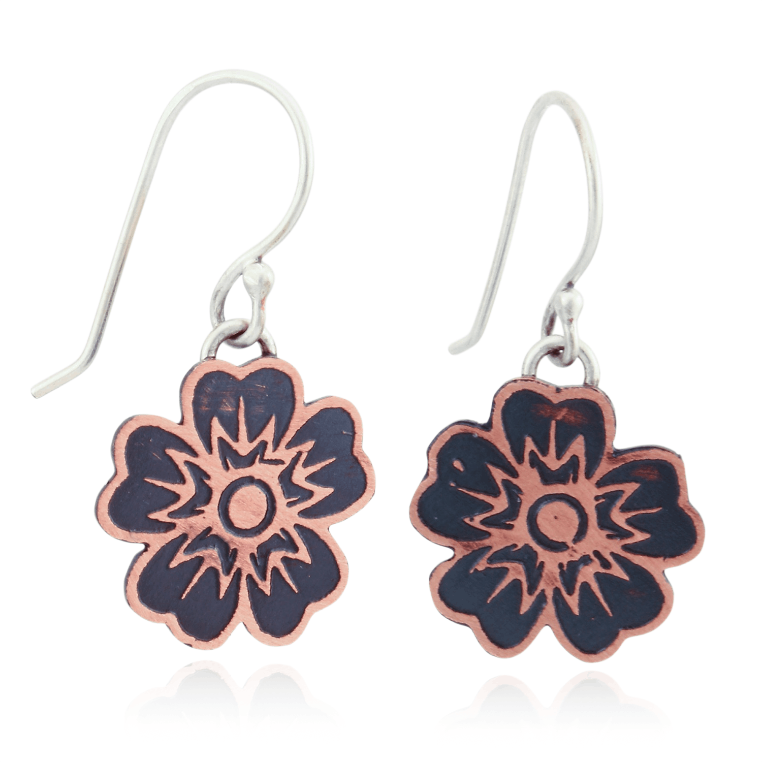 Floral-patterned copper earrings on a white background