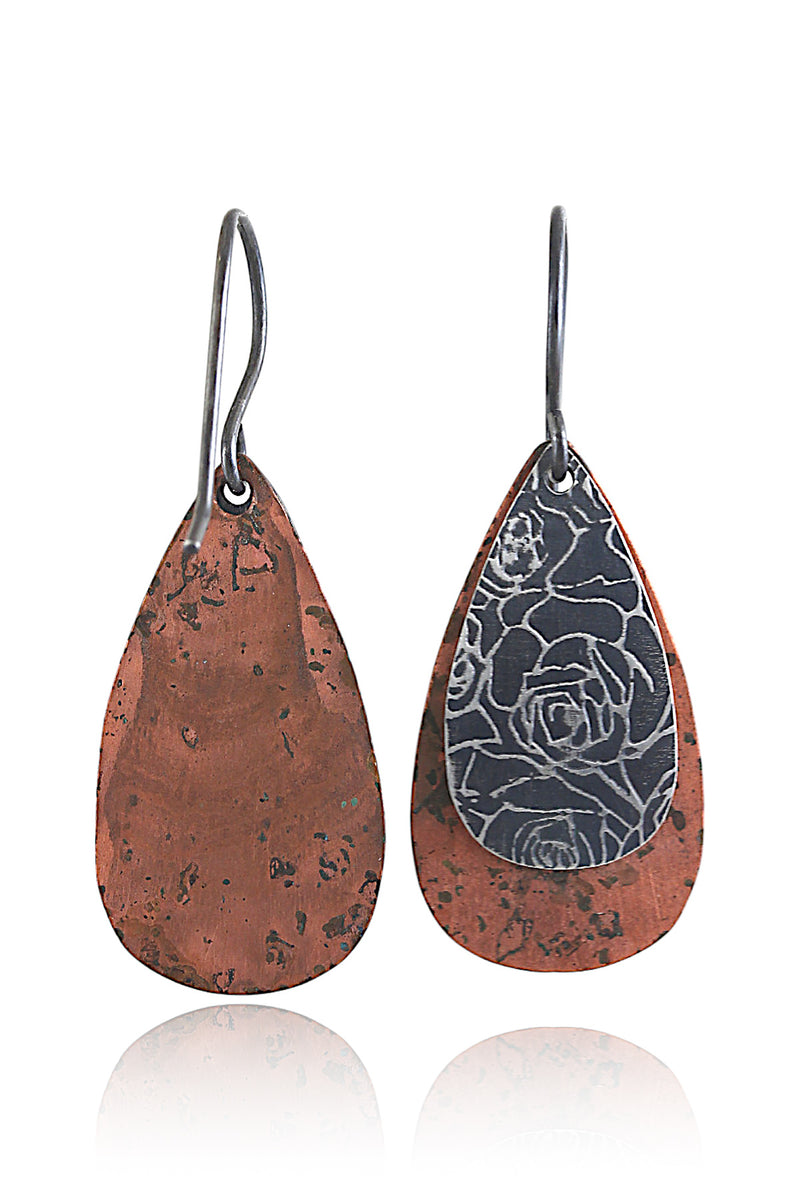 Rose Etched TearDrop and Copper Dangles
