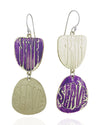 SERVE double brass dangle earrings with purple patina: front. 10% of each SERVE sales will be donated to a LGBTQ+ youth charity.