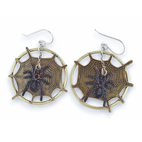 Front, laying on white background, of spider web designed statement dangle earrings with moveable spider element.