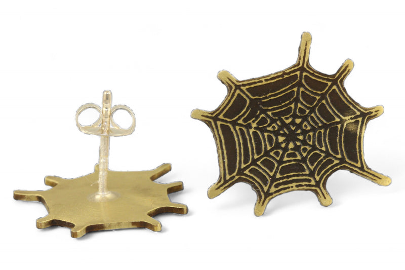 Front and back view of brass spider web earring studs.