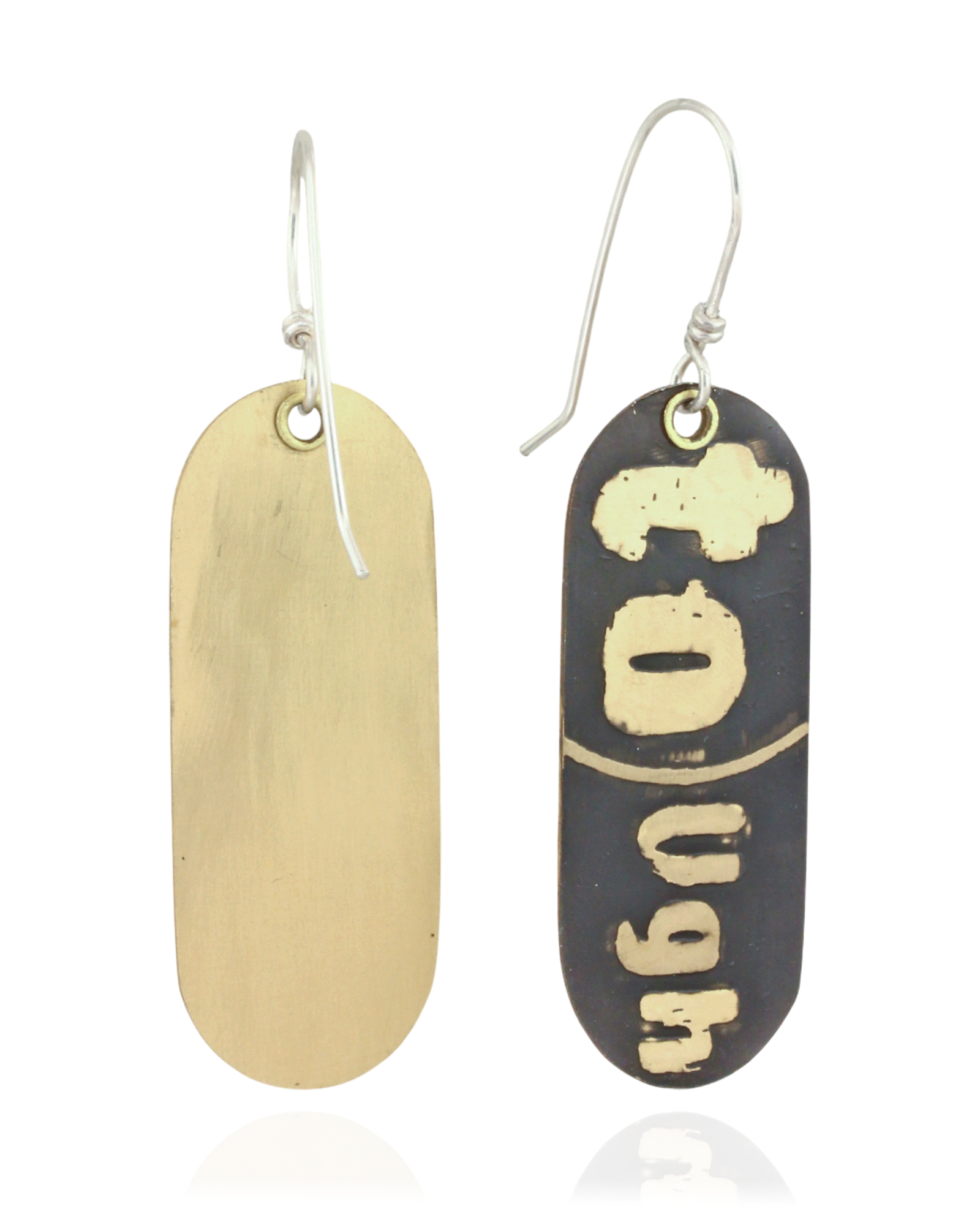 Pair of handmade brass earrings with 'Tough' text on a beige and black background. Back and Front View