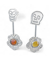 Skull Stud Earrings with Kinetic Tourmaline Wildfower - Hanging Front View