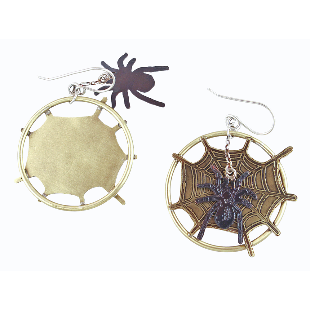 Back and front of spider web designed statement dangle earrings with moveable spider element. Spider silhouette element visible away, but attached, from piece.
