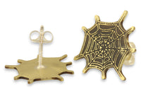 Back and front angle view of brass spider web earring studs.