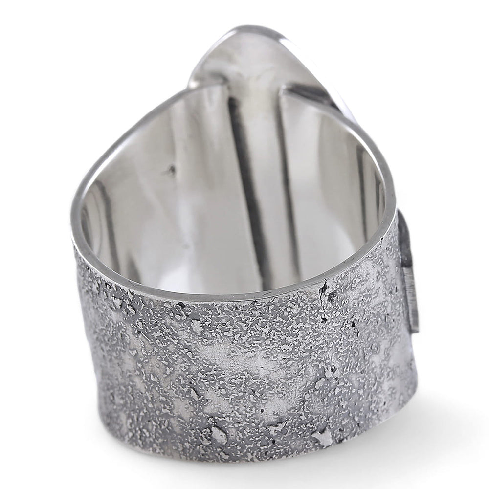 A silver-toned metal ring with a textured, hammered exterior and a polished, reflective interior, shown on a plain white background.