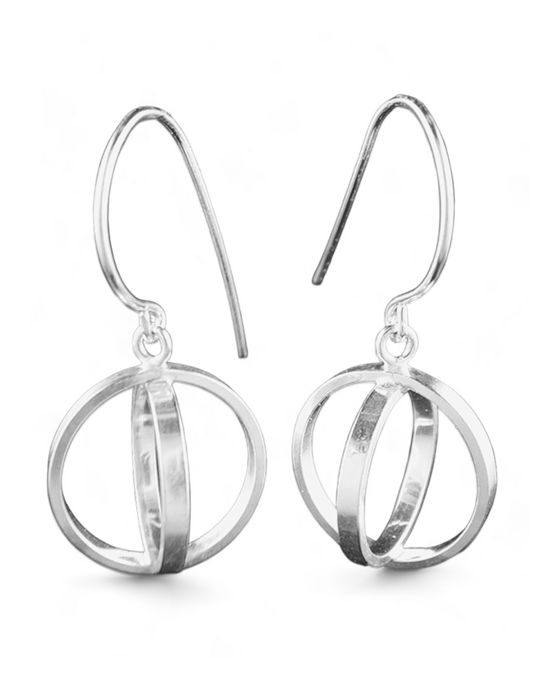 Absolute Cycle Orb Dangles lightweight handmade sterling silver earrings with interlocking circular design on a white background