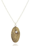 Pendant B: Brass botanical themed pendant with cubic zirconia (upper middle), on sterling chain.