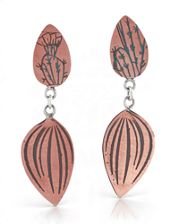 A pair of handmade drop earrings featuring a terracotta-colored top piece engraved with a cactus design, connected by silver rings to a larger, ribbed terracotta-colored teardrop-shaped piece below, set against a plain white background.