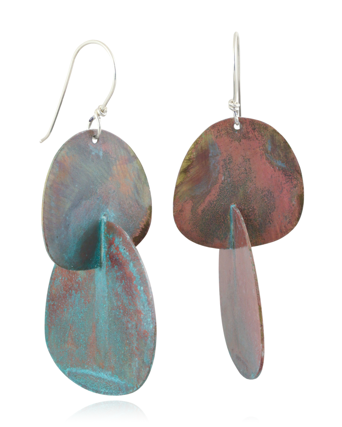 Pair of earrings with multicolored minty pink oval organic shapes on a white background.