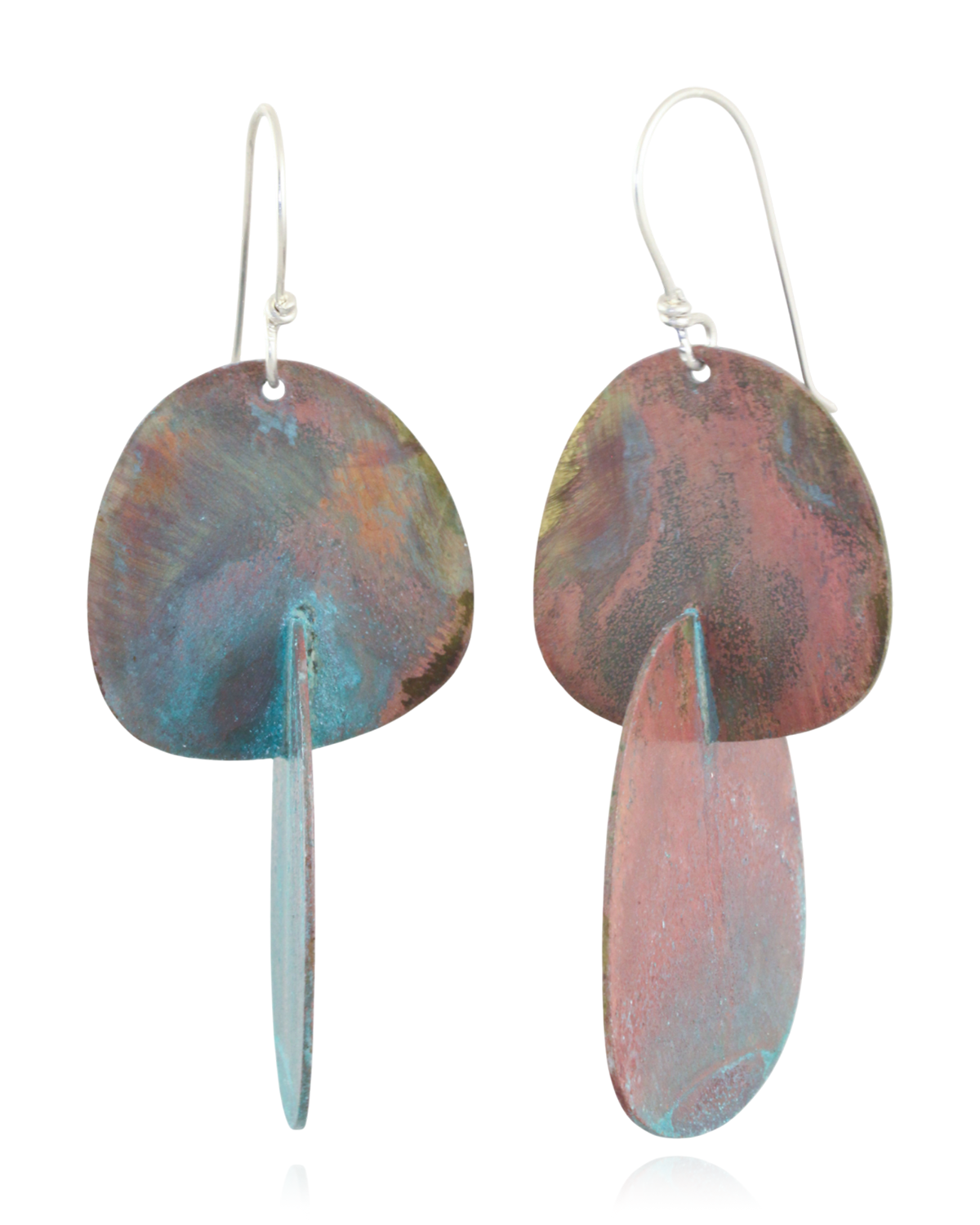 Pair of earrings with multicolored minty pink oval organic shapes on a white background.
