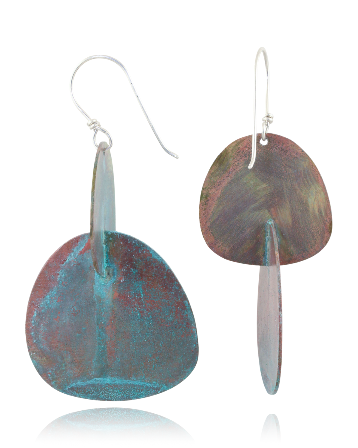 Pair of earrings with multicolored minty pink oval organic shapes on a white background.